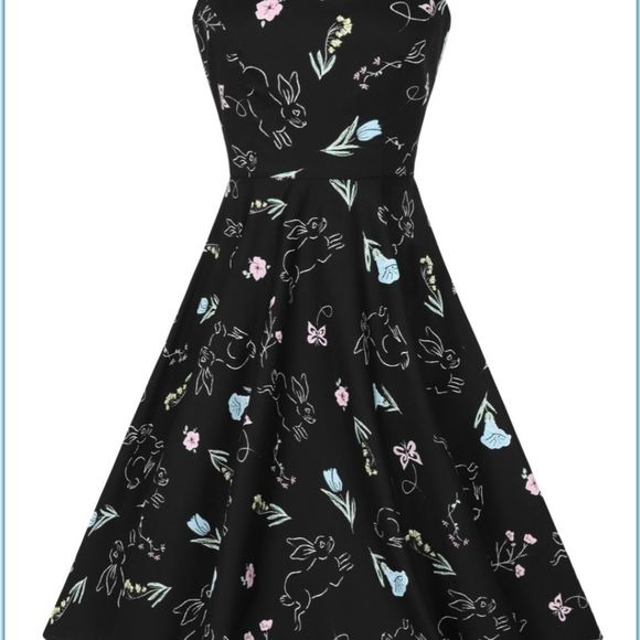 Hell Bunny NWT cotton Black Floral Bunnies Small Easter dress Pin Up 50s - Picture 3 of 4